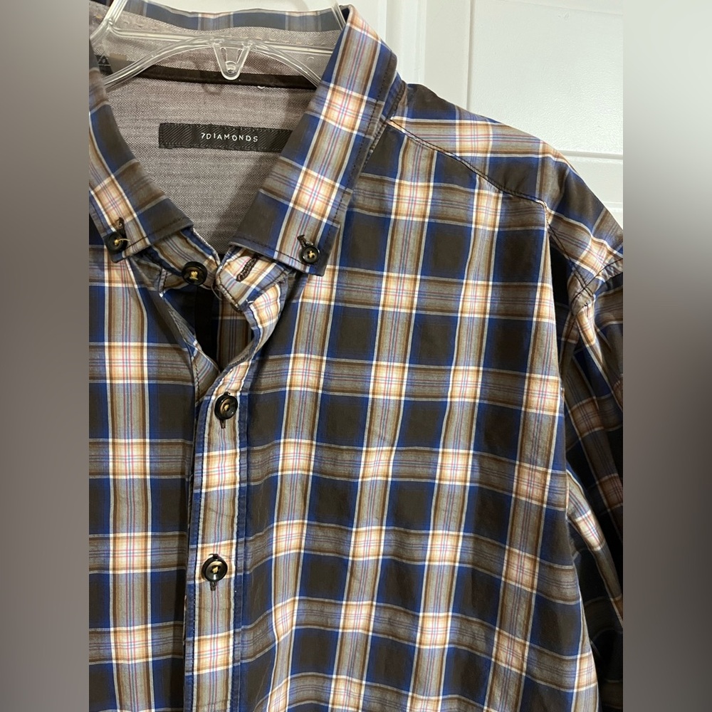 7 Diamonds‎ Shirt Mens Large Button Down Black Gray Plaid Classic Western Cowboy - Picture 2 of 11